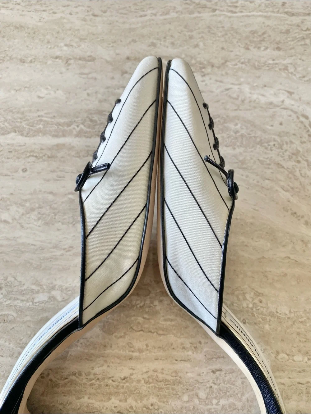 Vintage Manolo Blahnik Pinstripe Bow Mule Heels - Picture 6 of 12
